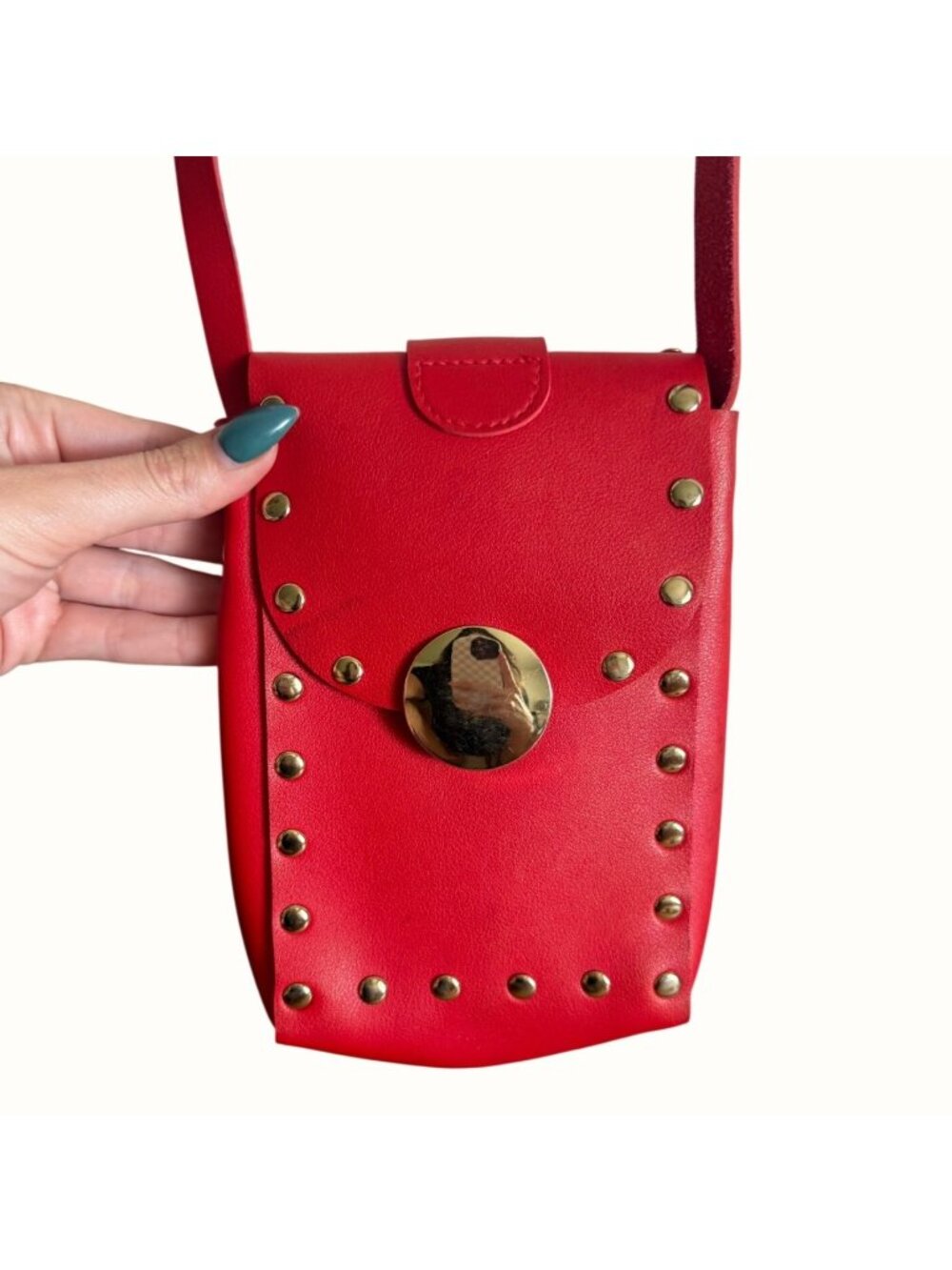 Red Faux Leather Studded Crossbody Mini Bag With Gold Accents & Adjustable Strap